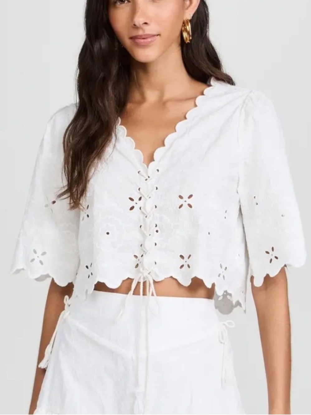 Agua Bendita Sz L Blouse Madeira azure Top White Scallop Lace Up Eyelet Crop。